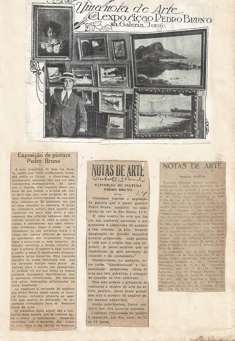 Página de álbum com recortes sobre a exposição de Pedro Bruno na Galeria Jorge