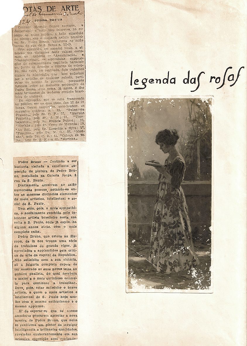 Página de álbum com recortes de Notas de Arte e reprodução de pintura