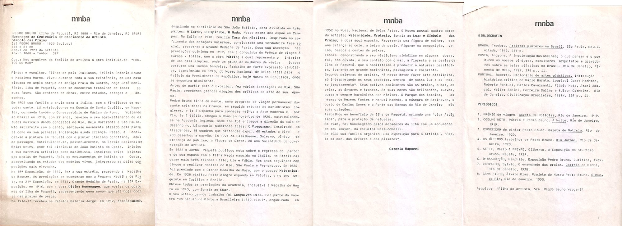 Quatro páginas datilografadas com o cabeçalho mnba, contendo texto biográfico sobre Pedro Bruno e bibliografia