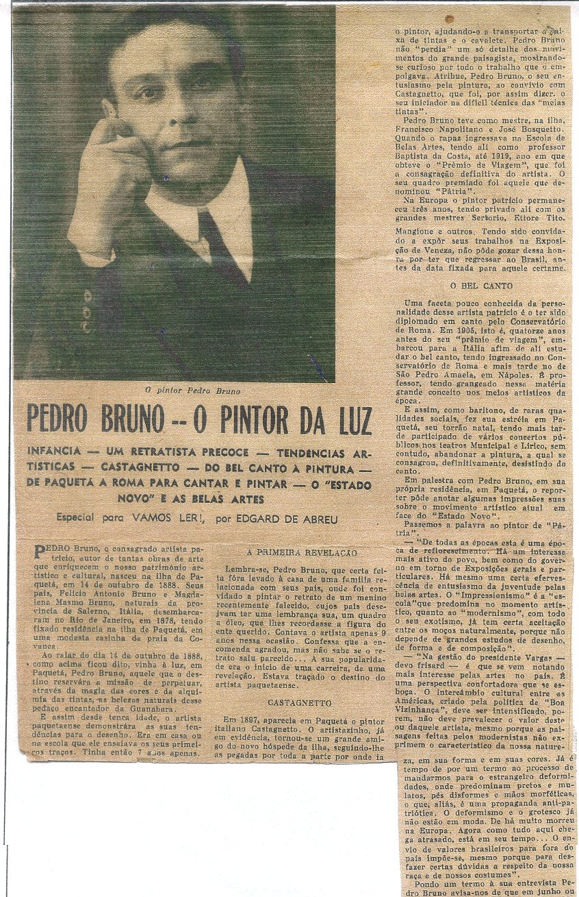 Recorte de imprensa intitulado Pedro Bruno — O pintor da luz