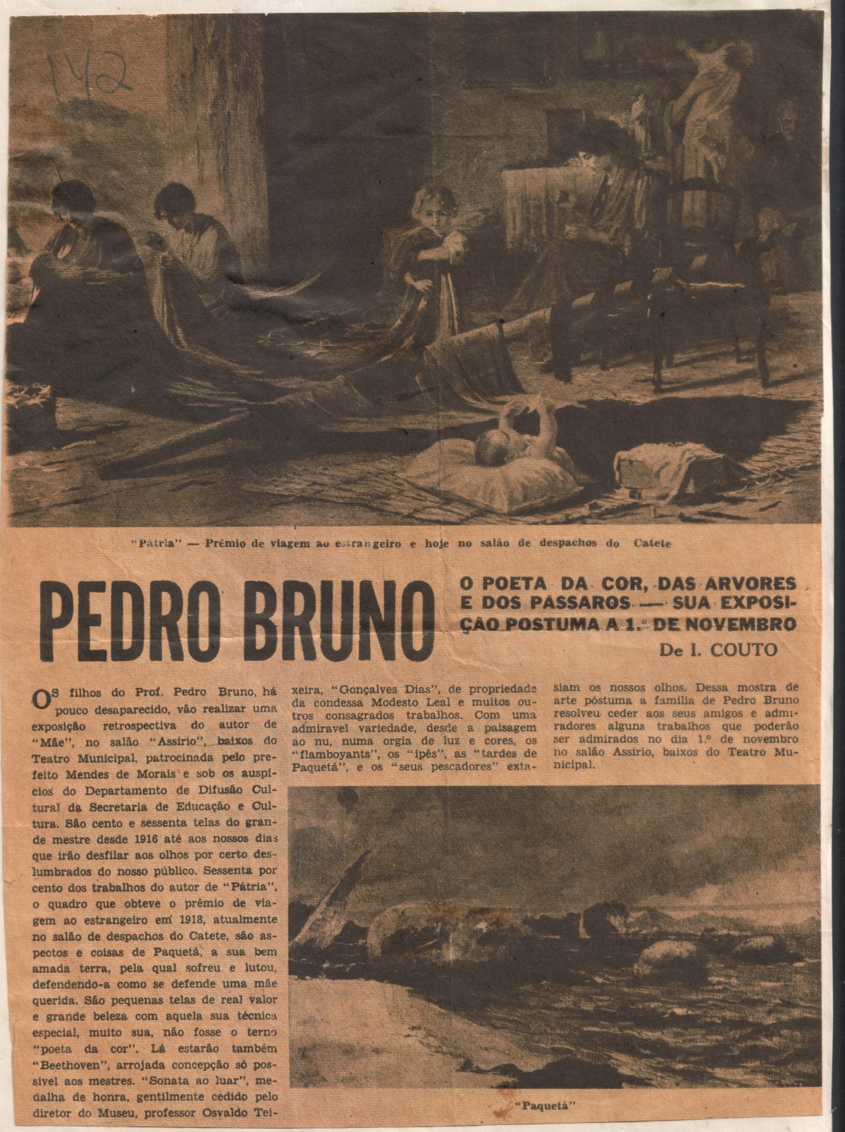 Recorte de reportagem sobre exposição póstuma de Pedro Bruno, com referências a Pátria e Paquetá