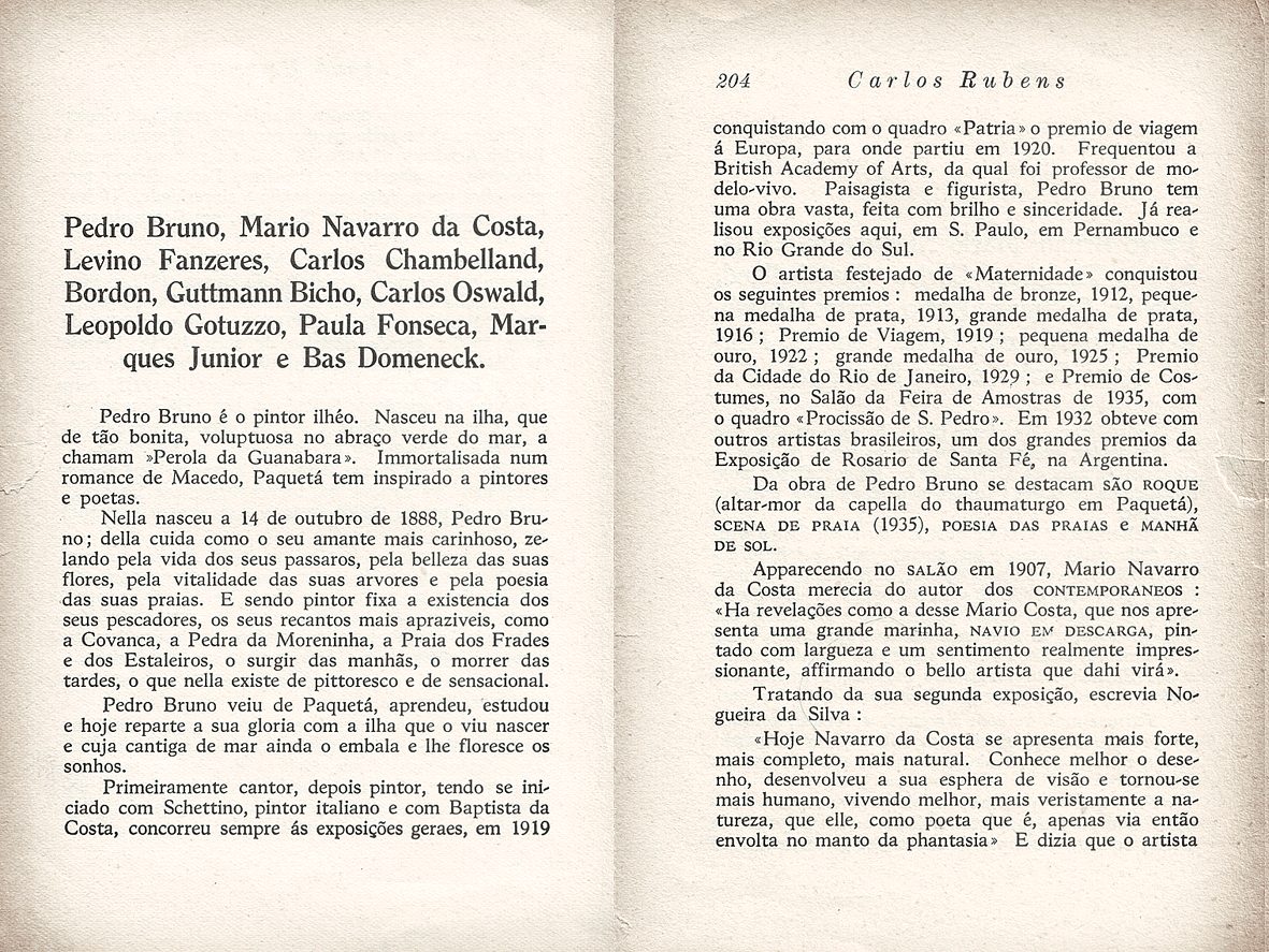 Duas páginas abertas de livro com texto sobre Pedro Bruno, com o nome Carlos Rubens no cabeçalho