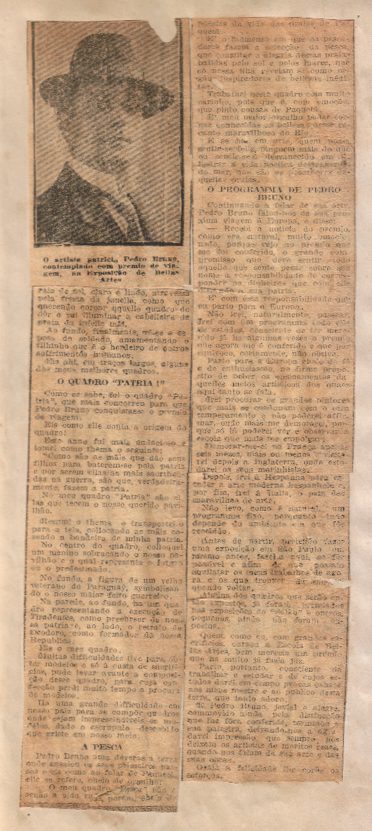 Continuação do recorte de jornal, com retrato de Pedro Bruno e as seções O quadro Pátria e A pesca