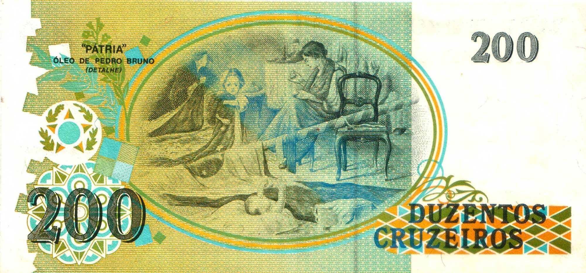 Verso da cédula de duzentos cruzeiros com a reprodução de um detalhe do quadro Pátria