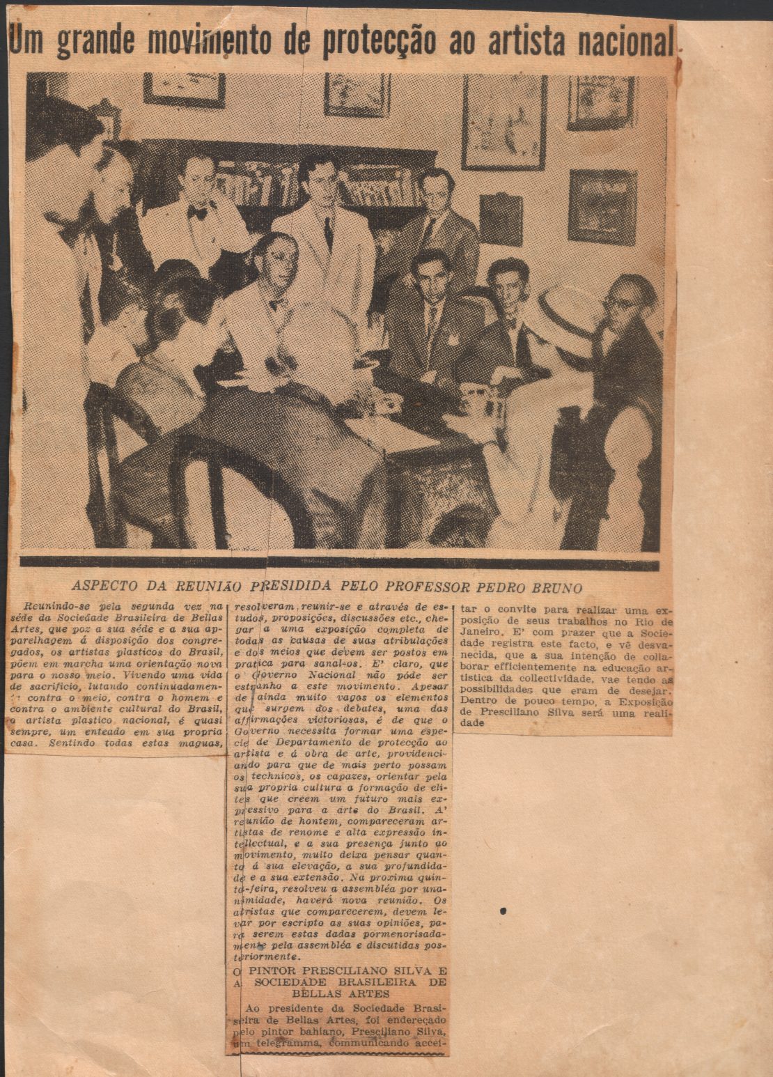 Página de jornal com a reportagem Um grande movimento de proteção ao artista nacional