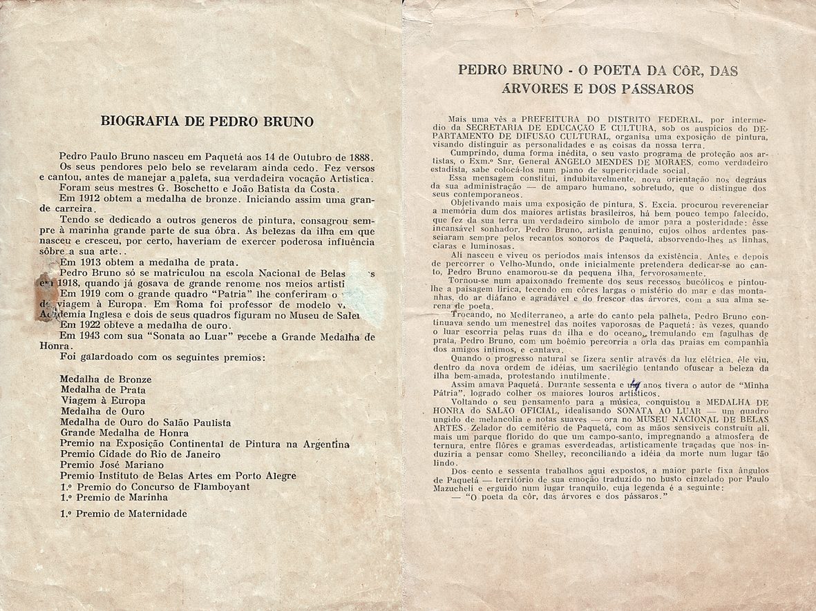 Folheto impresso com a Biografia de Pedro Bruno e o texto O poeta da côr, das árvores e dos pássaros