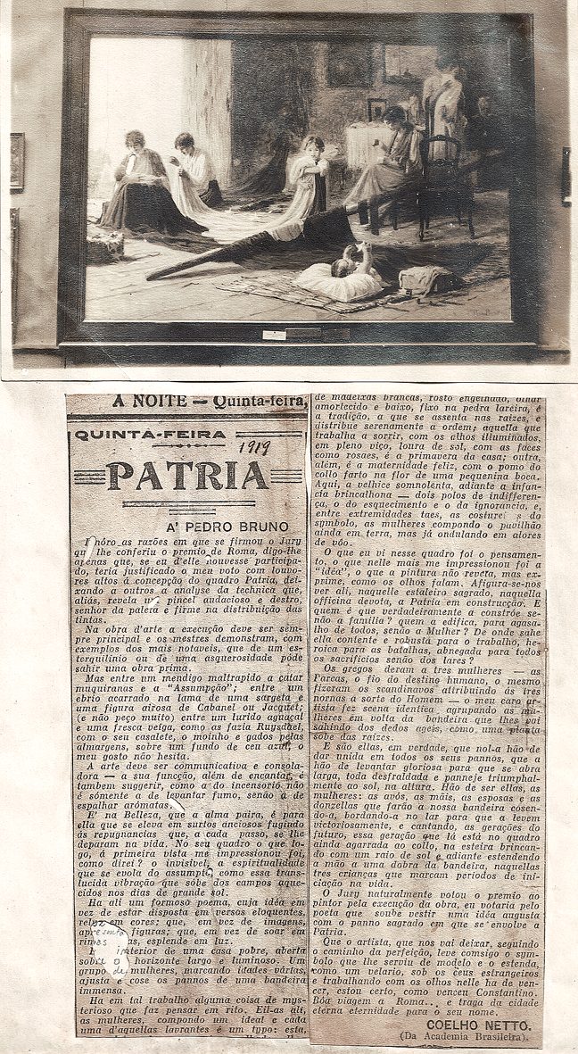 Página de álbum com a reprodução do quadro Pátria e o recorte do jornal A Noite assinado por Coelho Netto