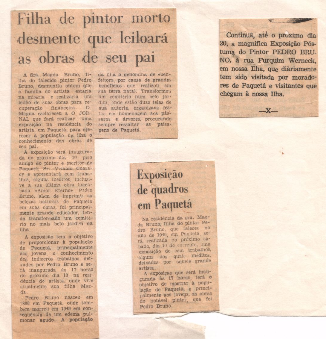 Página com recortes sobre a exposição de quadros de Pedro Bruno em Paquetá