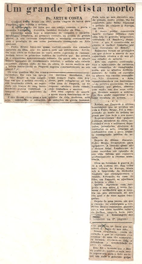 Recorte de jornal com o texto Um grande artista morto, assinado por Artur Costa