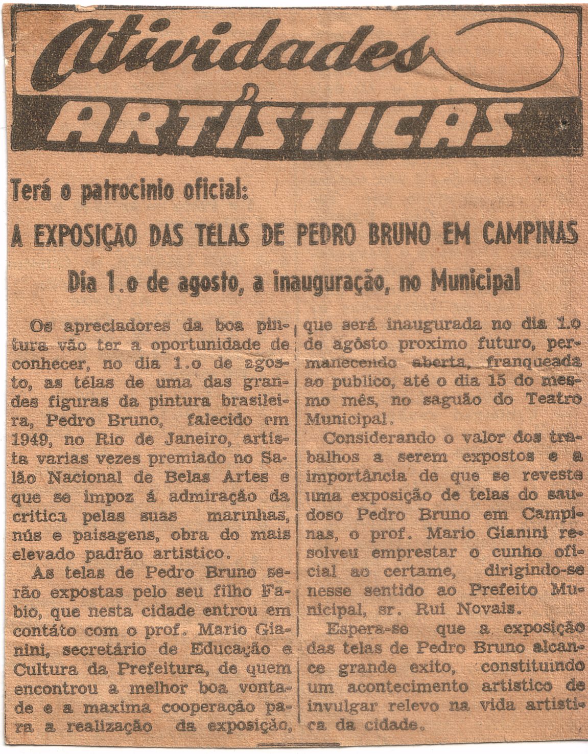 Recorte de jornal sobre a exposição das telas de Pedro Bruno em Campinas