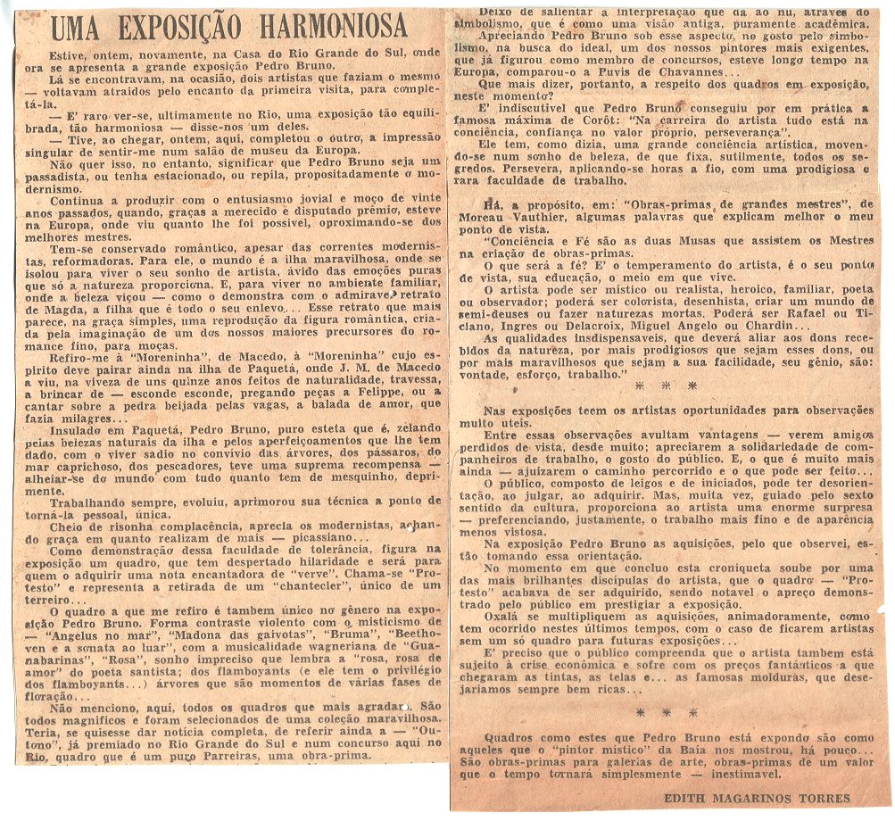 Recorte de jornal com a nota Uma exposição harmoniosa