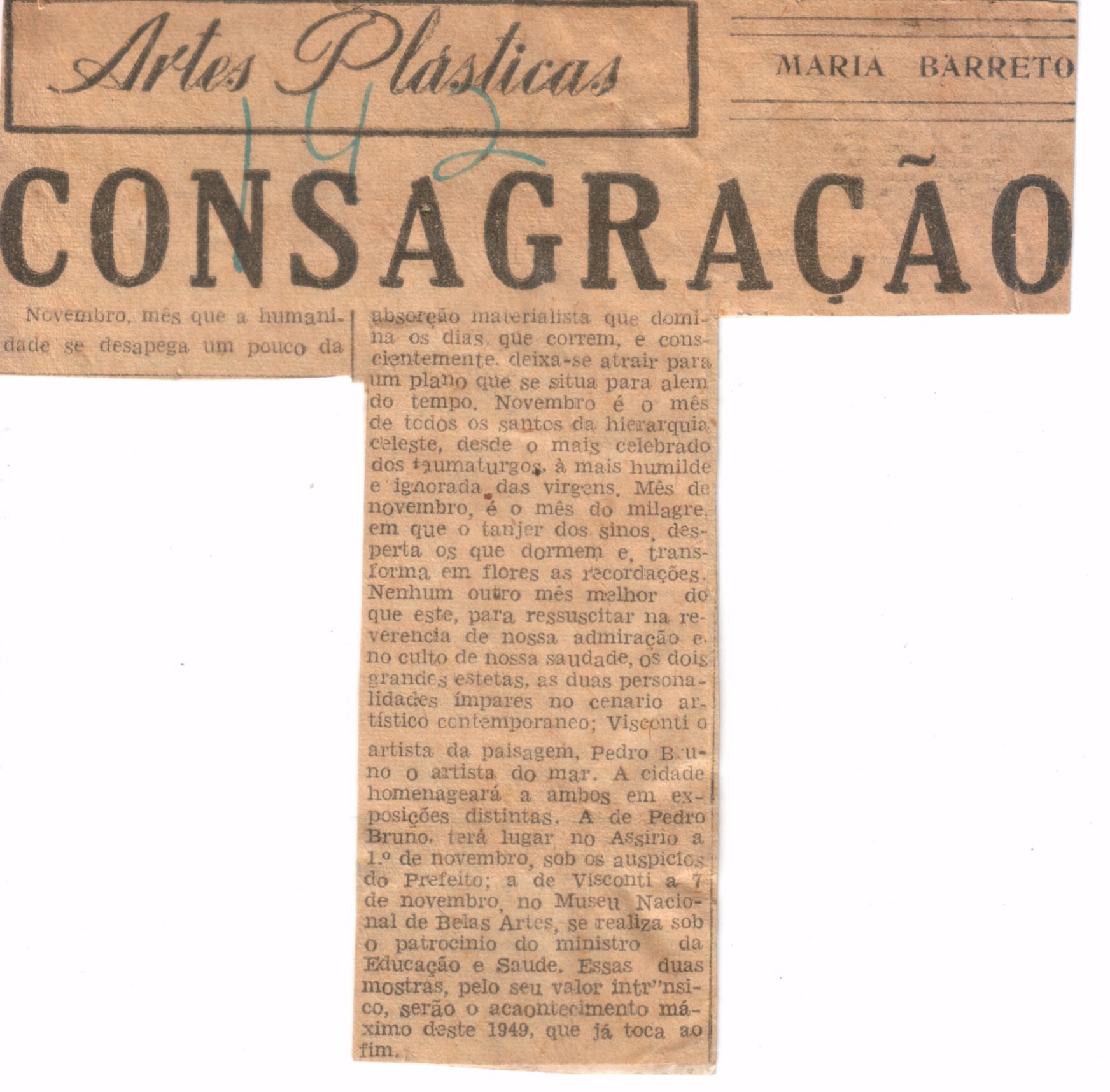 Recorte da coluna Artes Plásticas com o título Consagração