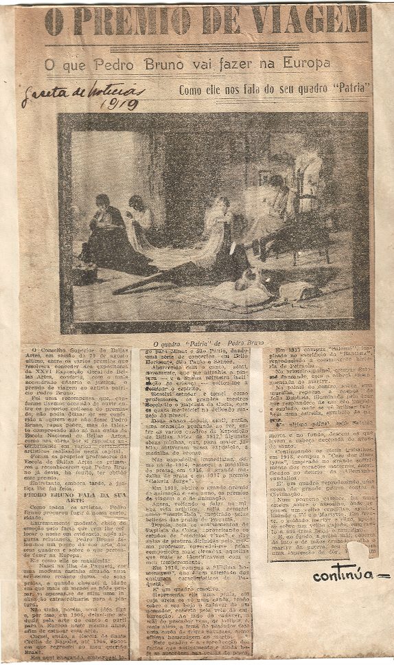 Recorte de jornal com o título O Prêmio de Viagem e a reprodução do quadro Pátria