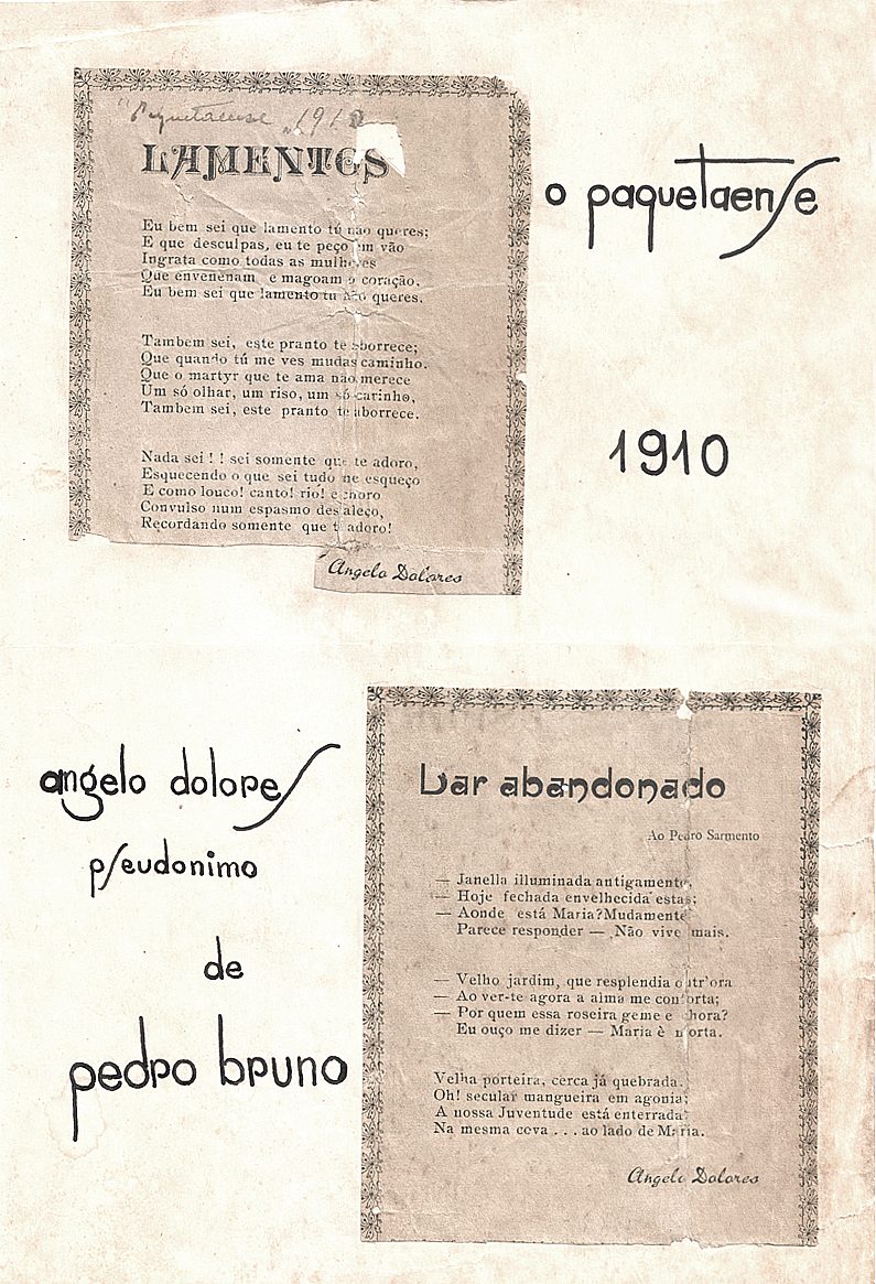 Folha com dois recortes de poemas, Lamentos e Lar abandonado, assinados Angelo Dolores, com anotações manuscritas O Paquetaense e 1910