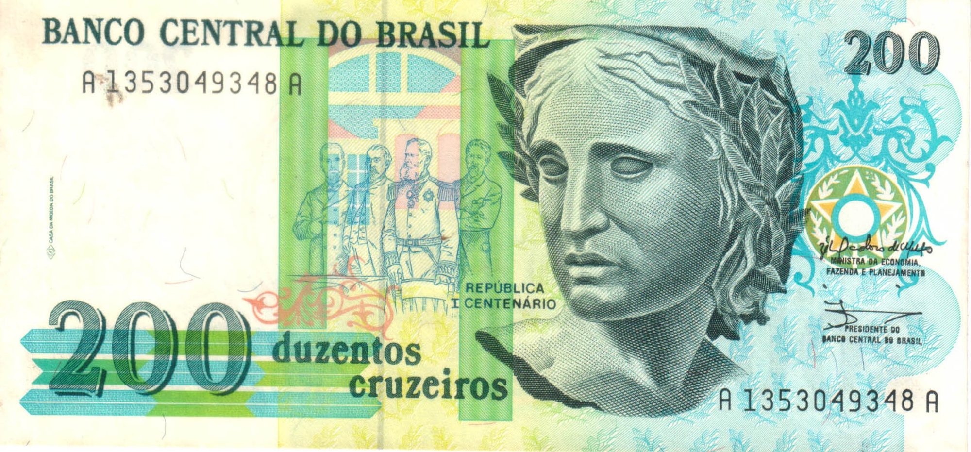 Frente da cédula de duzentos cruzeiros do Banco Central do Brasil