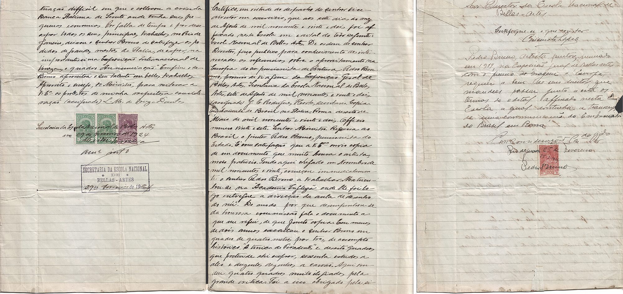 Folhas manuscritas com selos e carimbo da Secretaria da Escola Nacional de Bellas Artes referentes ao prêmio de viagem à Europa