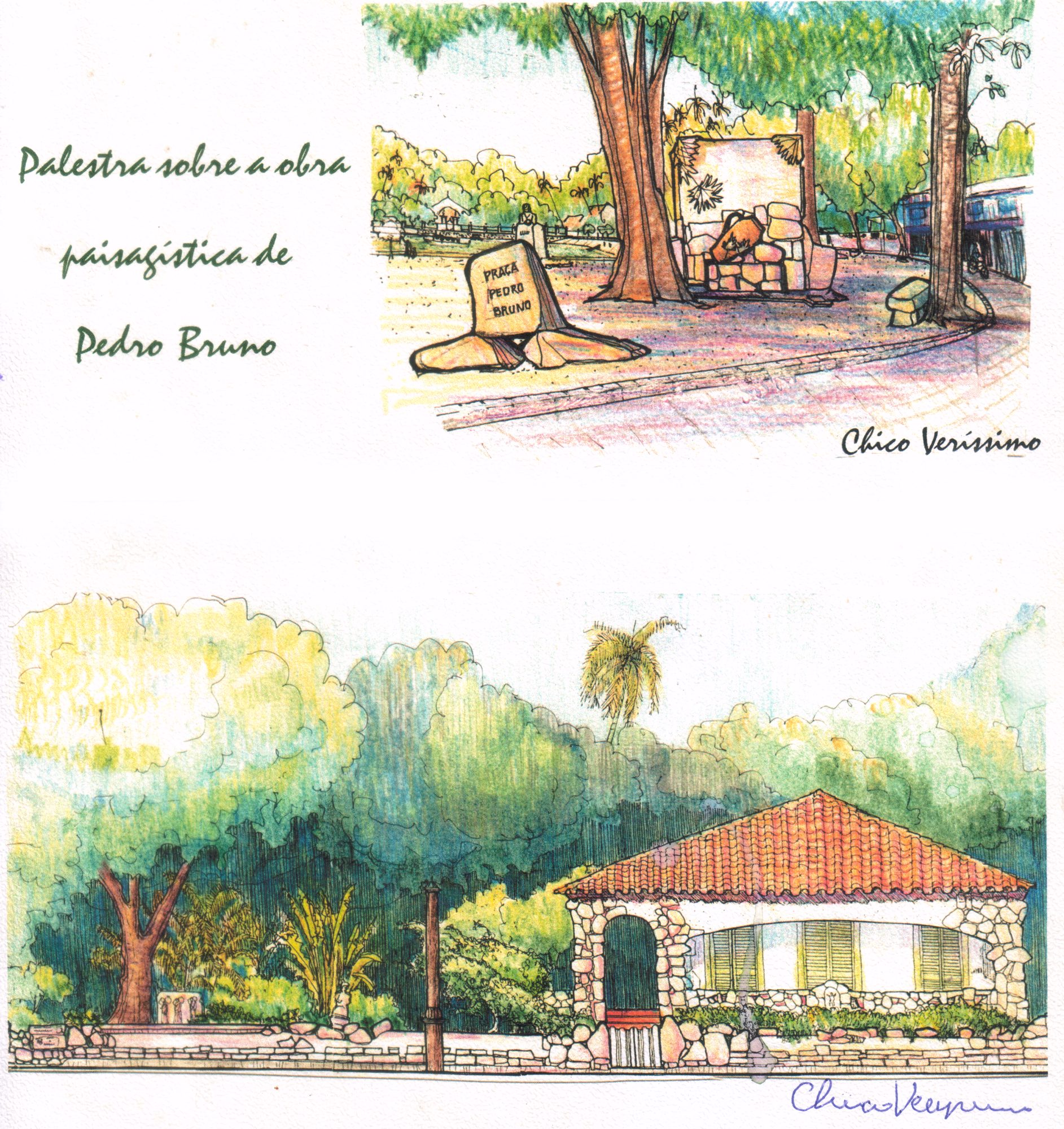 Impresso com desenhos coloridos da Praça Pedro Bruno e de uma construção em Paquetá, assinados por Chico Veríssimo