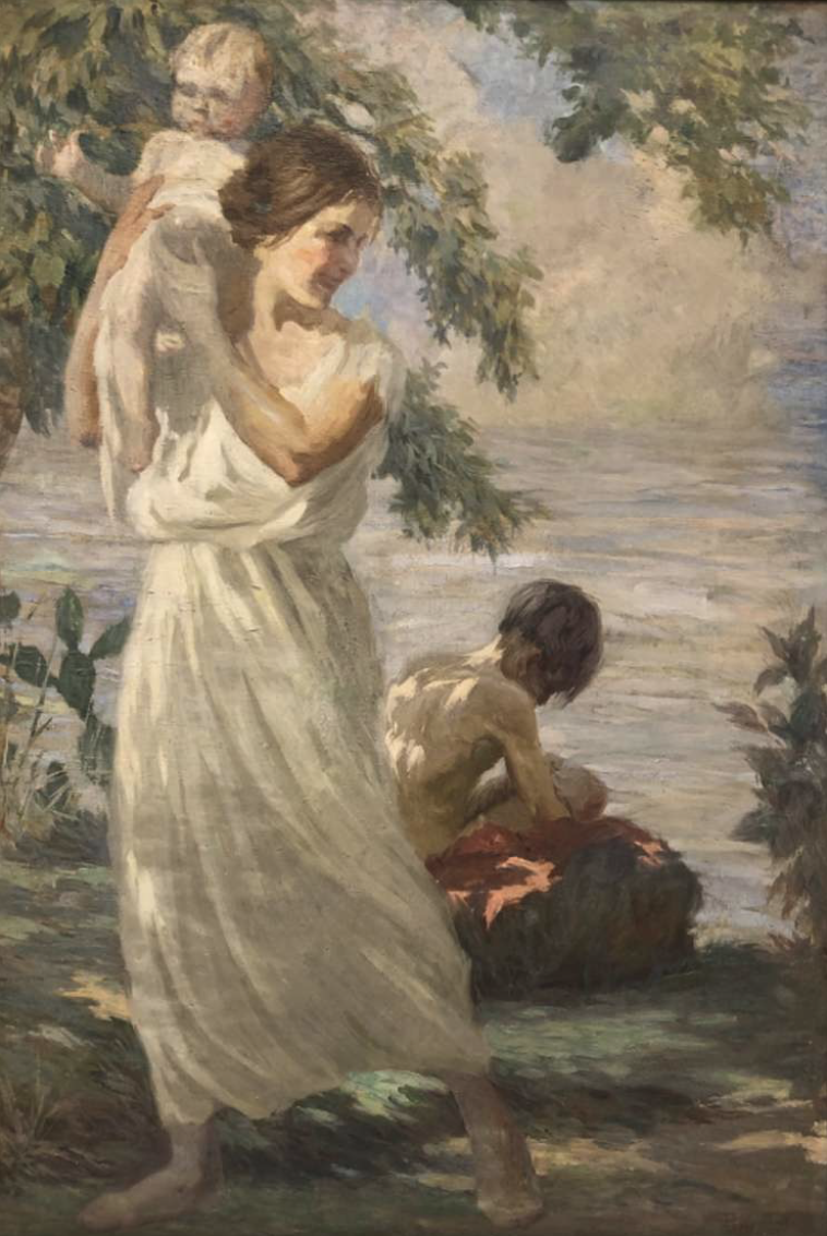 Mulher com duas crianças a beira d'água, obra de Pedro Bruno